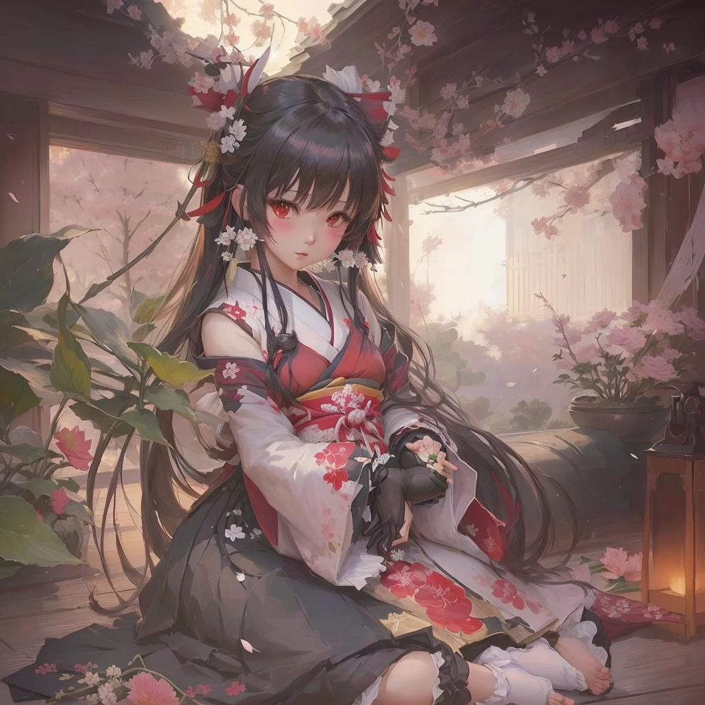 Anime girl in kimono sitting on the floor holding flowers, Gwaiz on pixiv artstation, Gwaiz, Gwaiz on artstation pixiv, Artistic rendering of Reimu Hakurei, by Shimo, artwork in the style of Gwaiz, Zerochan Art, artstation pixivでトレンド