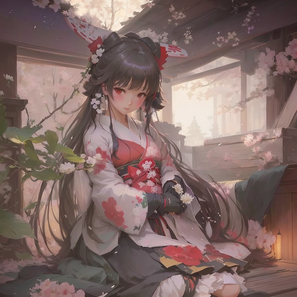 Anime girl in kimono sitting on the floor holding flowers, Gwaiz on pixiv artstation, Gwaiz, Gwaiz on artstation pixiv, Artistic rendering of Reimu Hakurei, by Shimo, artwork in the style of Gwaiz, Zerochan Art, artstation pixivでトレンド
