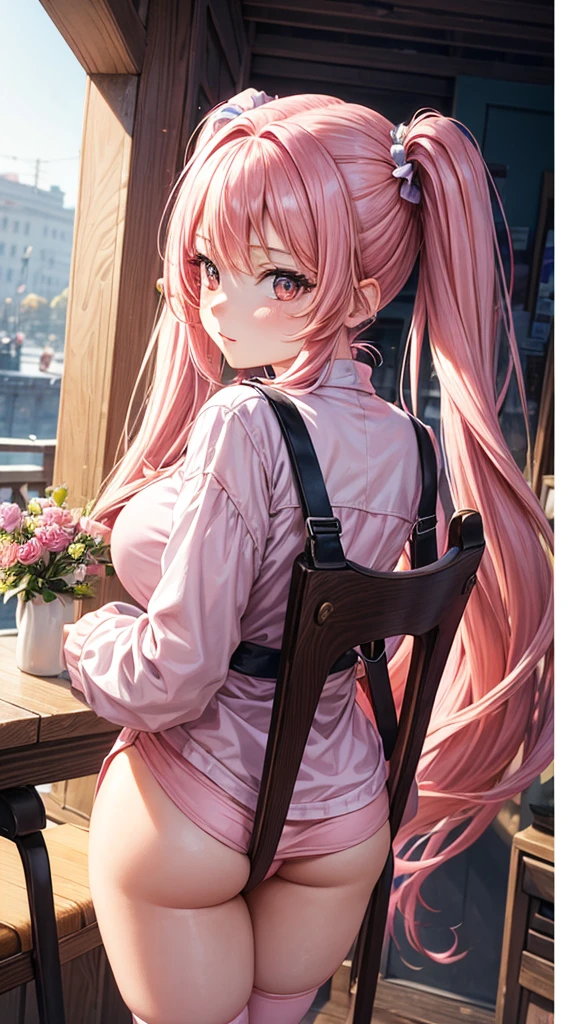 ((work of art)), (best qualityer), (detailded), 1 girl,
gazing at viewer, (lipstick:0.75), leaning forward,
long pink hair, twintails,
colorful thighs,
winter, bright coloured, Beautiful , beautifull butt,lipink outfit ,a random profession cosplay.. objects on the procession, chair ,Enter details of your chosen profession