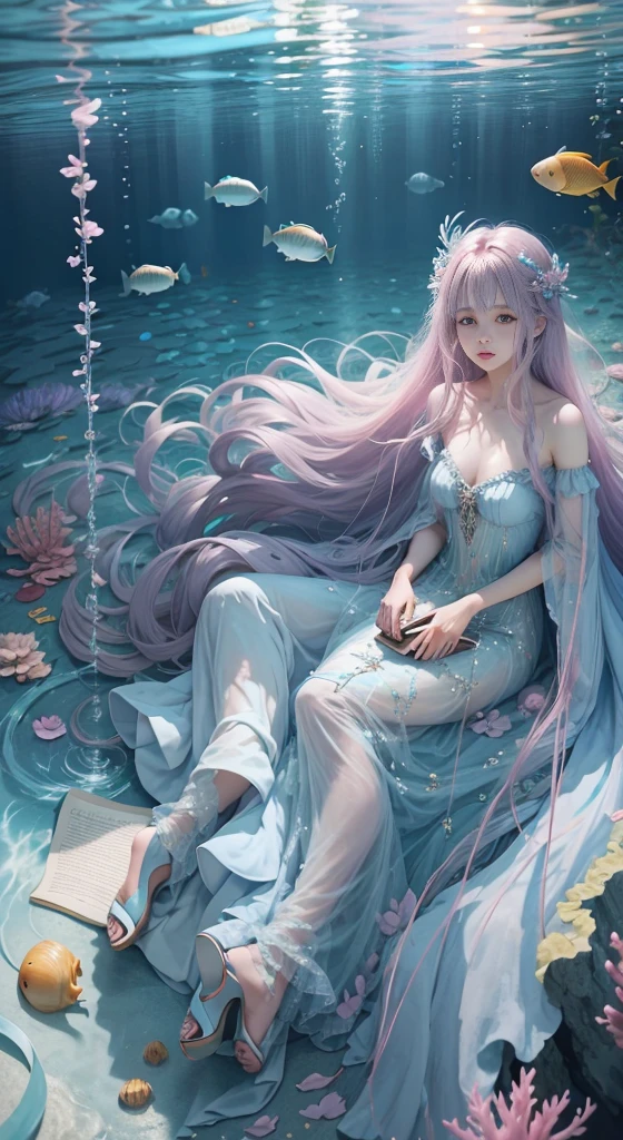 bottom of the ocean、light blue see-through long dress、The feet are in２There are books、pink  high heels、Hair is disheveled、Lots of tropical fish