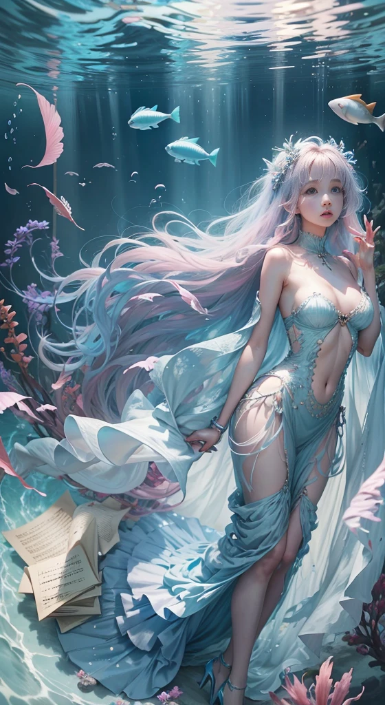 bottom of the ocean、light blue see-through long dress、The feet are in2There are books、pink high heels、Hair is disheveled、Lots of tropical fish
