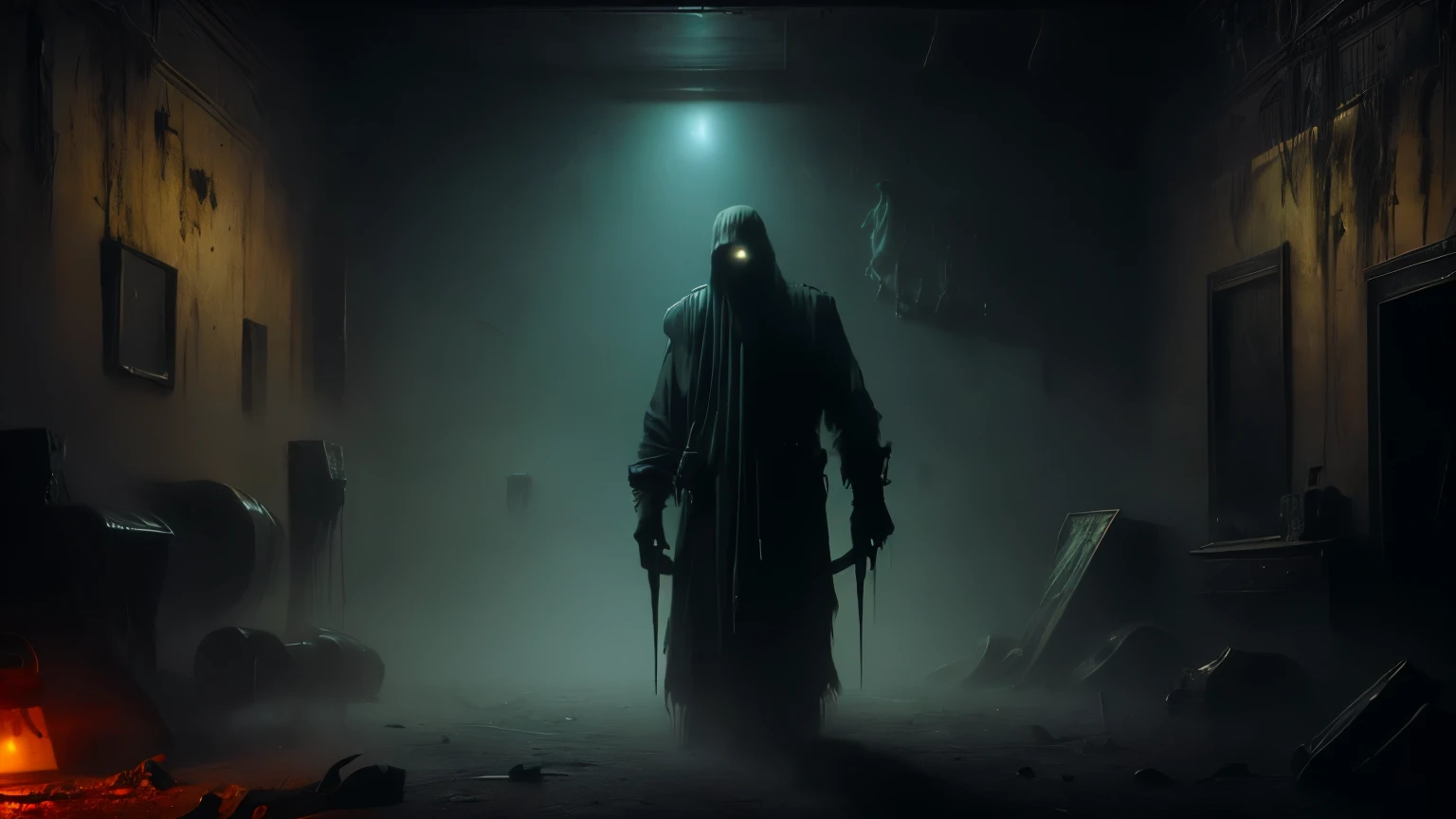 dark, deserted room, at night, a male shadowy figure with glowing eyes in a threatening aura, 8k uhd, masterpeace, foggy, very detailed, realistic, sexy, Handsome boy,more detail XL,abmhandsomeguy