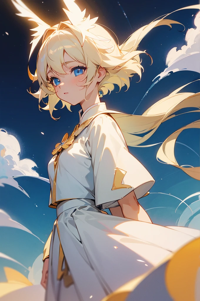 ((best quality)), ((masterpiece)), (detailed), female, soft, light complexion, regal, striking blue eyes, bleach blonde hair, celestial deity, beautiful flowy outfit, grown, not young