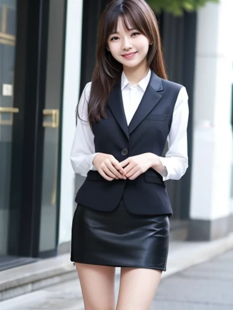 Japanese、18 year old girl、Very slim、((Smiling))、business suit、Business district、mini skirt