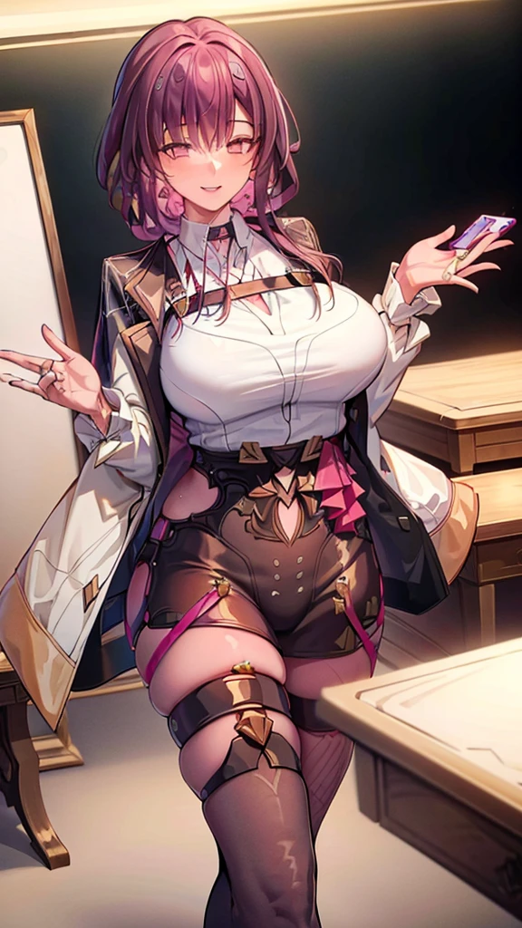 ((masterpiece)),((Highest quality)),High resolution,Extremely detailed CG,Perfect lighting,8k wallpaper, One Girl,Purple Hair,Very long hair、Very large breasts、very thick legs、smile、Bodycon