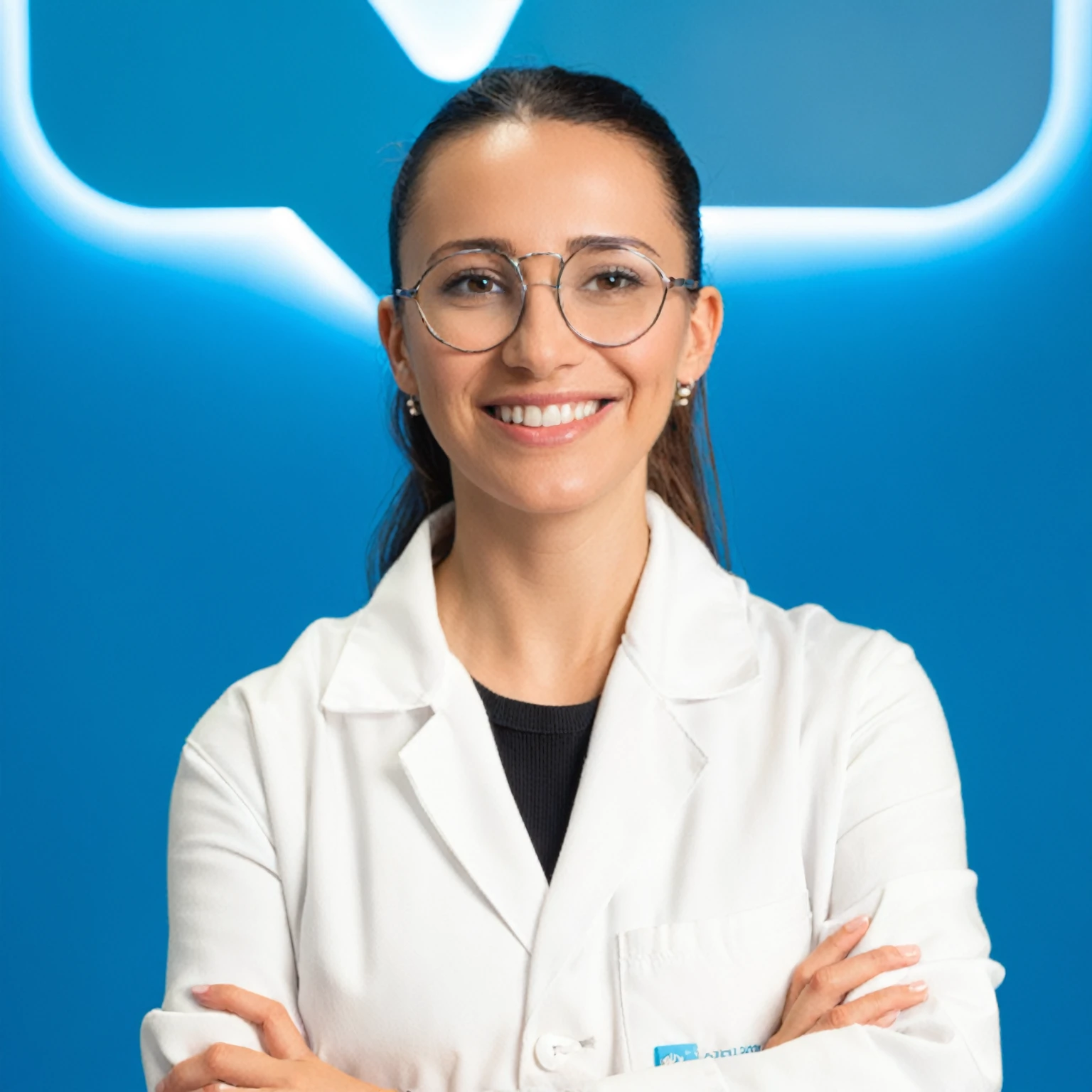 smiling woman in lab coat with arms crossed and a blue background, fernanda suarez, adriana dxim, valentina remenar, mina petrovic, professional picture, estefania villegas burgos, professional profile photo, sanja stikovic, professional profile picture, dentist, profile image, icaro carvalho, malika favre