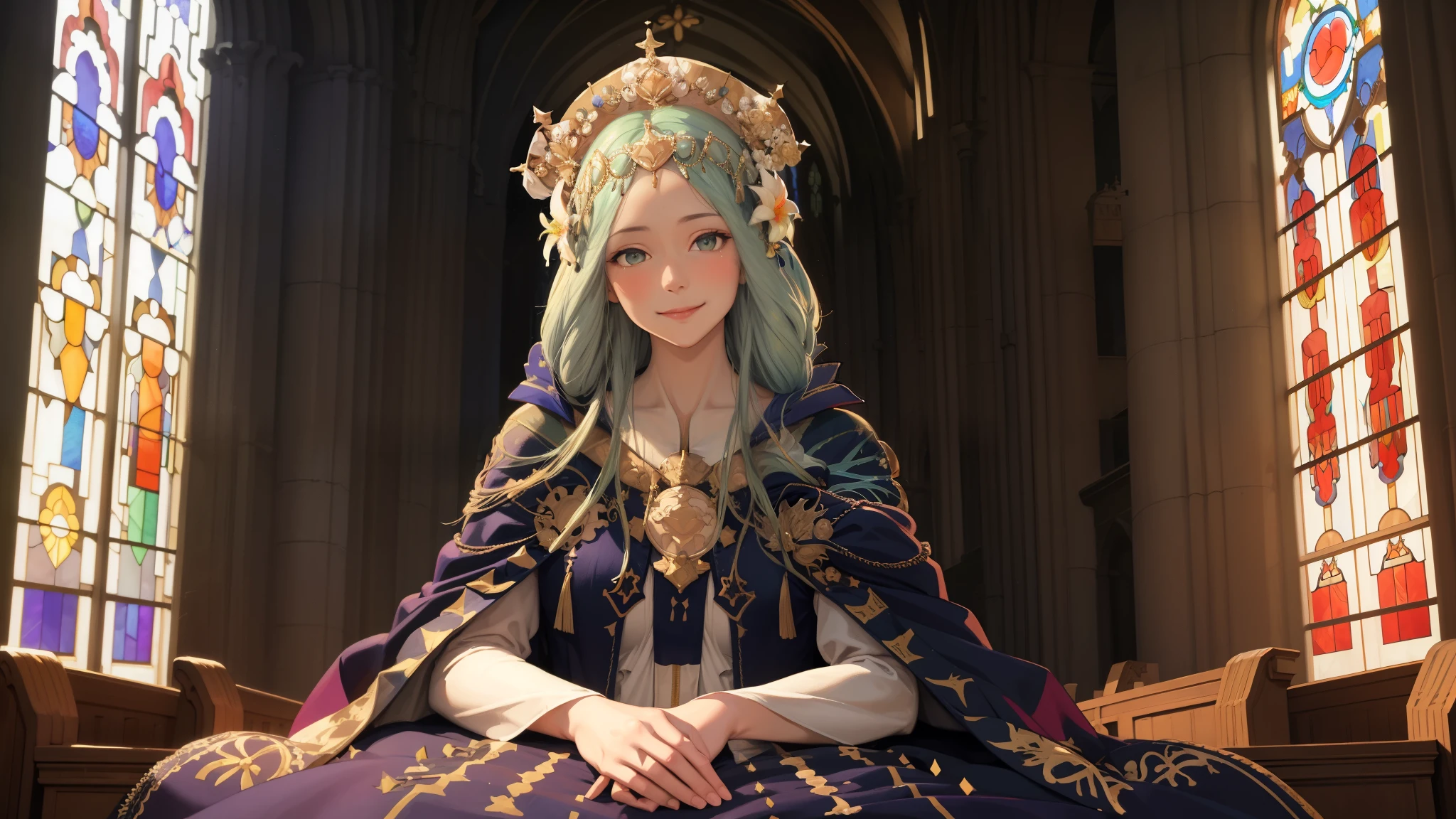 masterpiece, Best quality, DefRhea, headdress, hair flower, a tiara, blue cloak, long white dress, Looking at the viewer, church, stained glass window, smile, calm facial expression, closed mouth