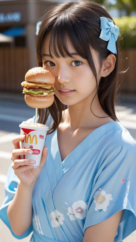 11 year old girl Japanese Light blue yukata Realistic Skin eating McDonald's Big Mac