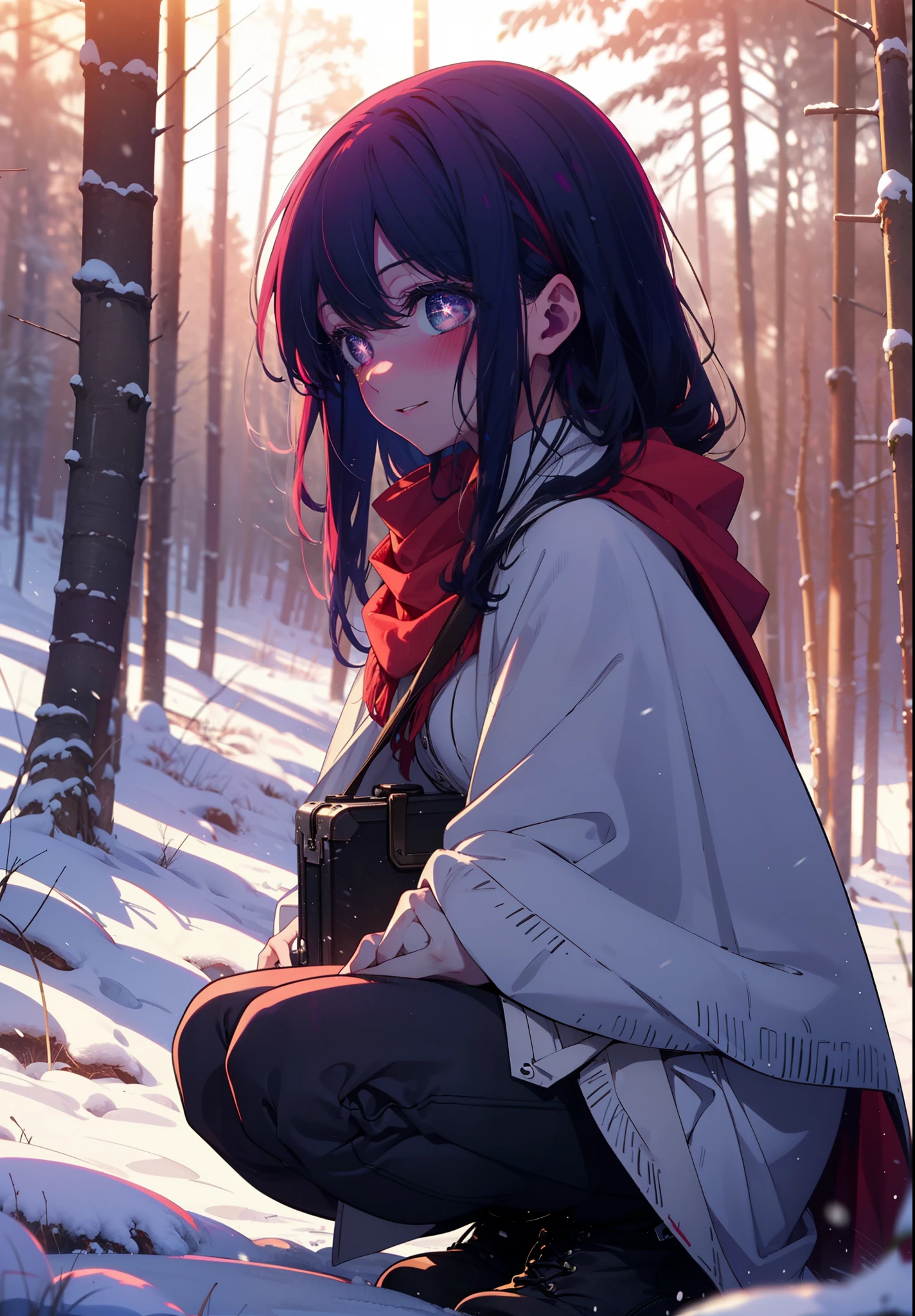 aihoshino, Ai Hoshino, Long Hair, bangs, (Purple eyes:1.1), Purple Hair, (Symbol-shaped pupil:1.5), smile,,smile,blush,White Breath,
Open your mouth,snow,Ground bonfire, Outdoor, boots, snowing, From the side, wood, suitcase, Cape, Blurred, , forest, White handbag, nature, Squat, Mouth closed, Cape, winter, Written boundary depth, Black shoes, red Cape break looking at viewer, Upper Body, whole body, break Outdoor, forest, nature, break (masterpiece:1.2), Highest quality, High resolution, unity 8k wallpaper, (shape:0.8), (Beautiful and beautiful eyes:1.6), Highly detailed face, Perfect lighting, Highly detailed CG, (Perfect hands, Perfect Anatomy),