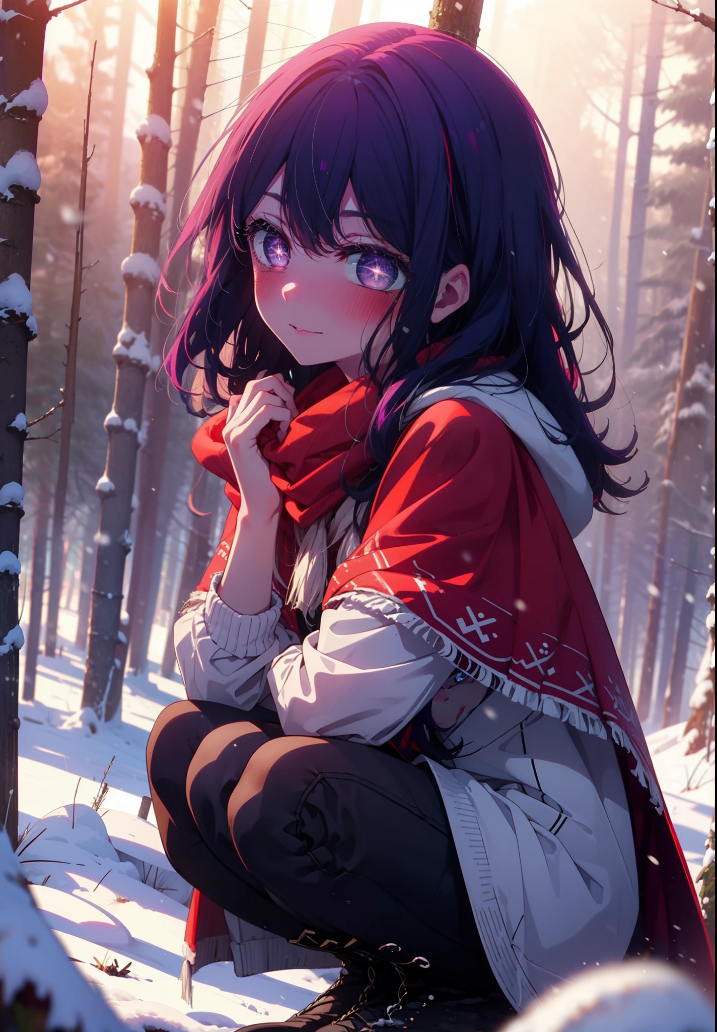 aihoshino, Ai Hoshino, Long Hair, bangs, (Purple eyes:1.1), Purple Hair, (Symbol-shaped pupil:1.5), smile,,smile,blush,White Breath,
Open your mouth,snow,Ground bonfire, Outdoor, boots, snowing, From the side, wood, suitcase, Cape, Blurred, , forest, White handbag, nature, Squat, Mouth closed, Cape, winter, Written boundary depth, Black shoes, red Cape break looking at viewer, Upper Body, whole body, break Outdoor, forest, nature, break (masterpiece:1.2), Highest quality, High resolution, unity 8k wallpaper, (shape:0.8), (Beautiful and beautiful eyes:1.6), Highly detailed face, Perfect lighting, Highly detailed CG, (Perfect hands, Perfect Anatomy),