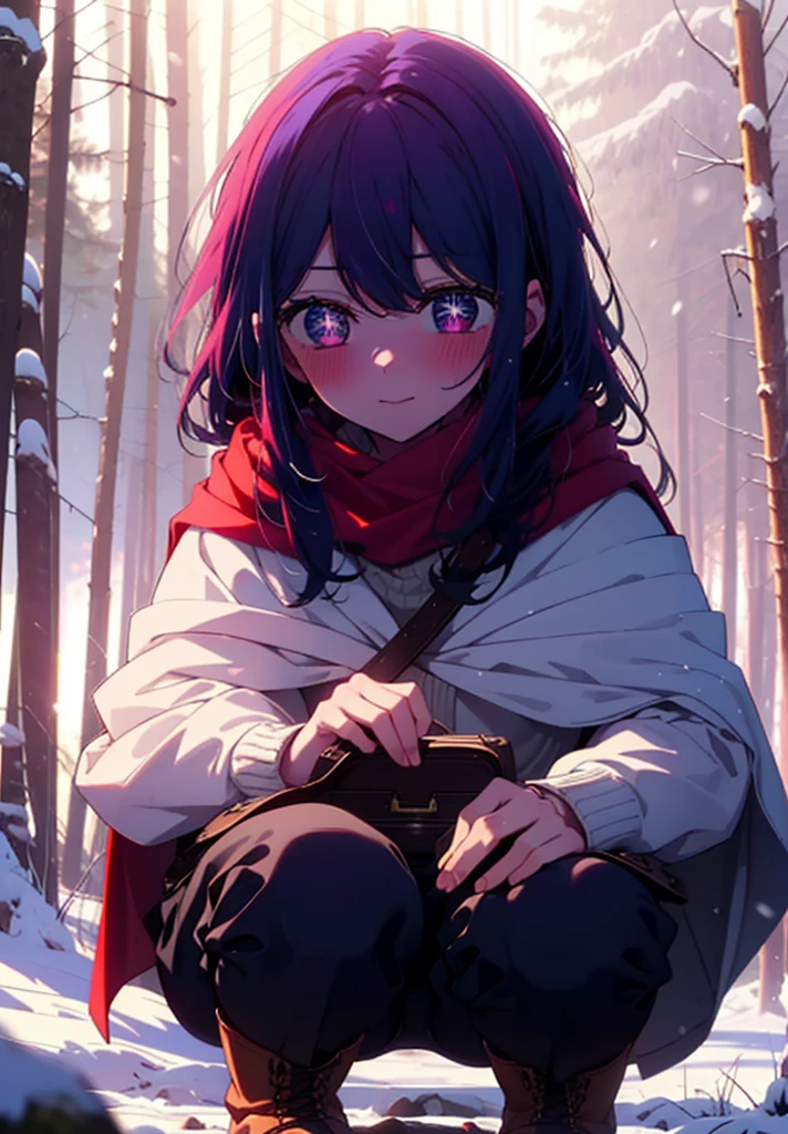aihoshino, Ai Hoshino, Long Hair, bangs, (Purple eyes:1.1), Purple Hair, (Symbol-shaped pupil:1.5), smile,,smile,blush,White Breath,
Open your mouth,snow,Ground bonfire, Outdoor, boots, snowing, From the side, wood, suitcase, Cape, Blurred, , forest, White handbag, nature,  Squat, Mouth closed, Cape, winter, Written boundary depth, Black shoes, red Cape break looking at viewer, Upper Body, whole body, break Outdoor, forest, nature, break (masterpiece:1.2), Highest quality, High resolution, unity 8k wallpaper, (shape:0.8), (Beautiful and beautiful eyes:1.6), Highly detailed face, Perfect lighting, Highly detailed CG, (Perfect hands, Perfect Anatomy),