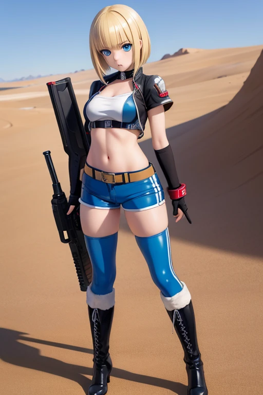 Perfect Anatomy　Highest quality,Highest Resolution,(((hot pants　boots)))　Metal Max 2:Reloaded　Lena　gun　Blonde　short　Blue Eyes　C Cup　Toned　16 years old　end of the century　desert