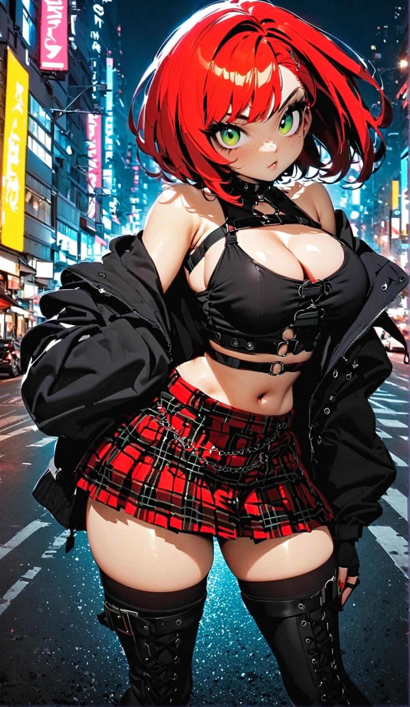 woman, red pixie cut hair, green eyes, wearing crop top black shirt, long black jacket, red plaid skirt, (black knee high boots), black fingerless gloves, exposed shoulders, large breasts, thick thighs, freckles, cleavage, looking at viewer, Holo-Punk Style, in the city