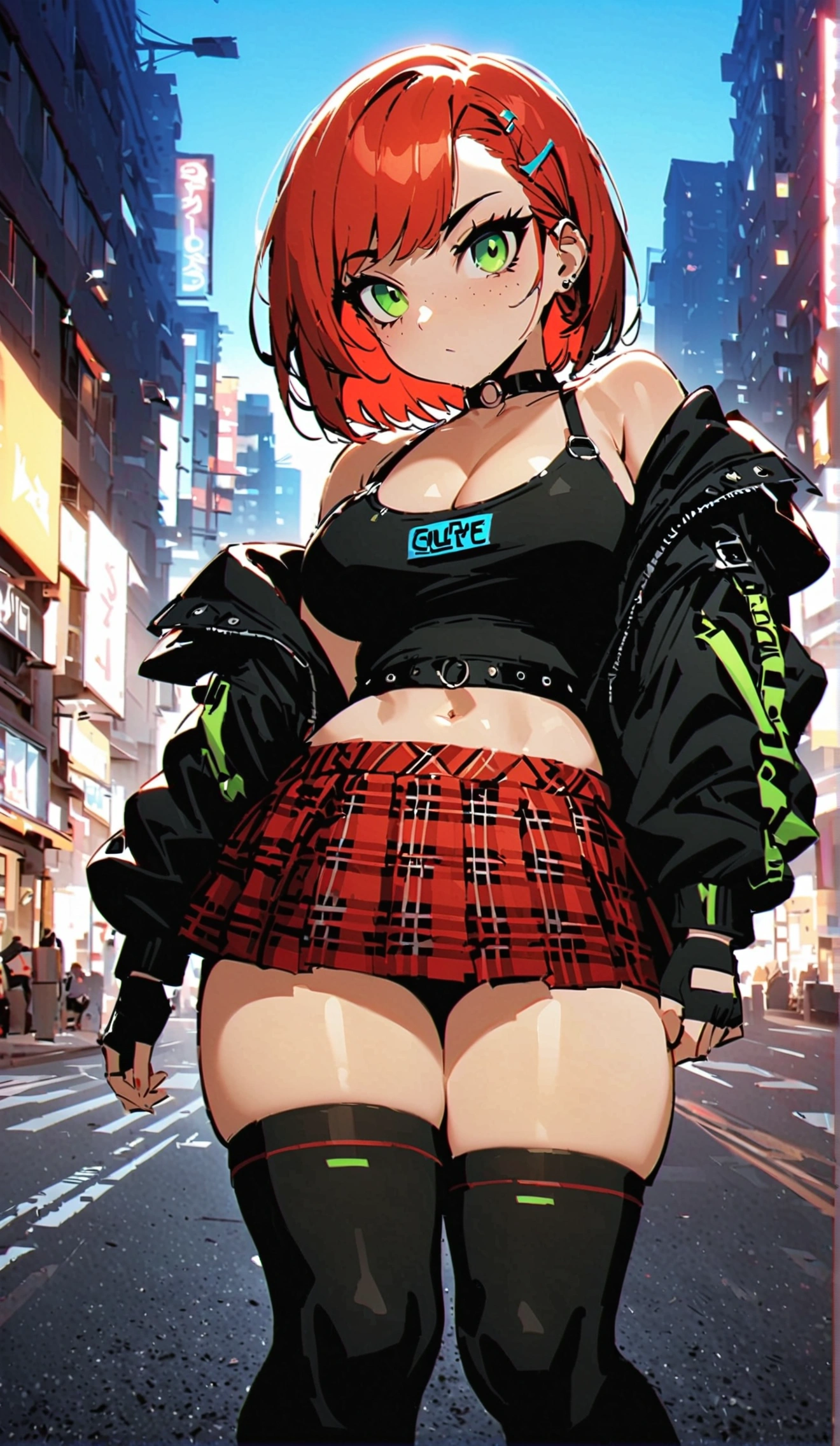 woman, red pixie cut hair, green eyes, wearing crop top black shirt, long black jacket, red plaid skirt, (black knee high boots), black fingerless gloves, exposed shoulders, large breasts, thick thighs, freckles, cleavage, looking at viewer, Holo-Punk Style, in the city