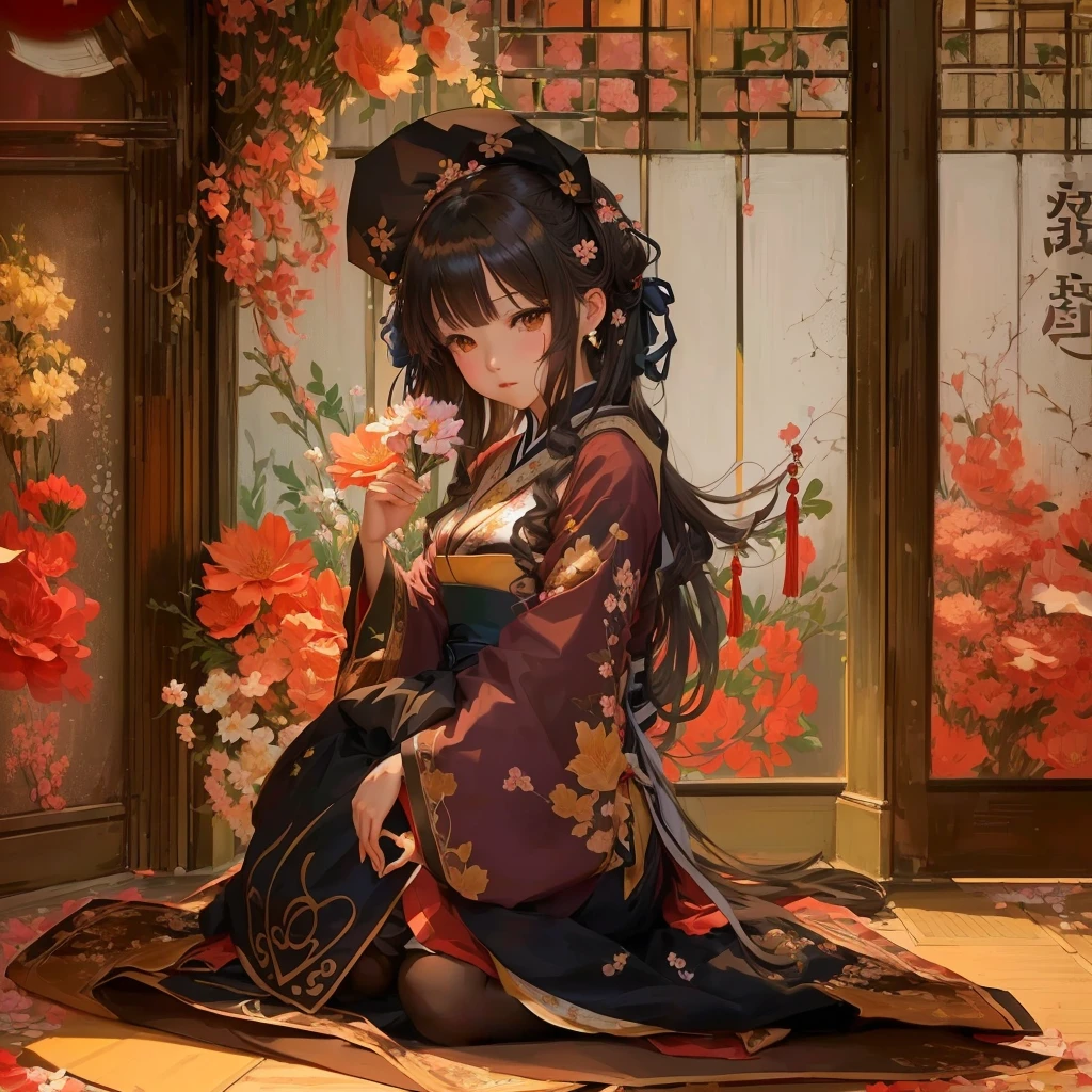 Anime girl sitting on the floor with flowers in her hands, Anime Art Wallpapers 8K, anime art wallpaper 4k, anime art wallpaper 4k, Gwaiz on pixiv artstation, Anime Style 4k, palace , Girl in Hanfu, everyone, Gwaiz, Half Yamada, Gwaiz on artstation pixiv
