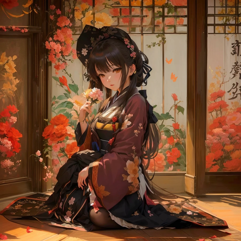 Anime girl sitting on the floor with flowers in her hands, Anime Art Wallpapers 8K, anime art wallpaper 4k, anime art wallpaper 4k, Gwaiz on pixiv artstation, Anime Style 4k, palace , Girl in Hanfu, everyone, Gwaiz, Half Yamada, Gwaiz on artstation pixiv