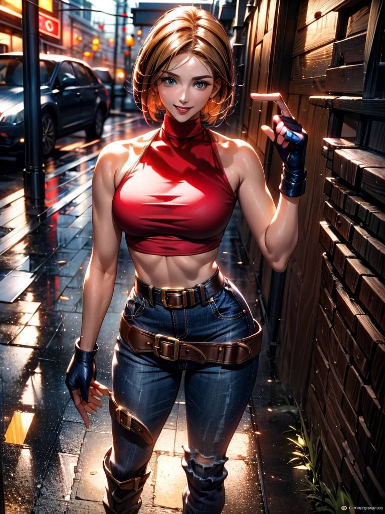30 year old woman, alone, athletic, by the semi-cut ruby, she is wearing a tight red crop top, he wears blue jogger pants, has two belts, one small and the other a large belt hanging from his brown waist., wears blue fingerless gloves , he wears brown boots, smile at the viewer, points at the viewer, There is a little brown dog with white spots with her, high resolution, absurd, intricate, sharp focus, a New York alley in the background, Best Quality, Masterpiece, high resolution, Perfect picture, Very detailed, High contrast, Digital colors, simple, medium shot, cinematographic, ultra sharp focus, award-winning photography, perFect contrast, high sharpness, depth of field, ultra detailed photography, global illumination, fluid, ultra high definition, 8k, unreal engine 5, ultra-sharp focus, award-winning photography, Art Season Trends,
