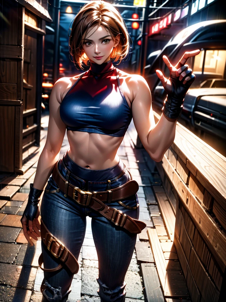 30 year old woman, alone, athletic, by the semi-cut ruby, she is wearing a tight red crop top, he wears blue jogger pants, has two belts, one small and the other a large belt hanging from his brown waist., wears blue fingerless gloves , he wears brown boots, smile at the viewer, points at the viewer, There is a little brown dog with white spots with her, high resolution, absurd, intricate, sharp focus, a New York alley in the background, Best Quality, Masterpiece, high resolution, Perfect picture, Very detailed, High contrast, Digital colors, simple, medium shot, cinematographic, ultra sharp focus, award-winning photography, perFect contrast, high sharpness, depth of field, ultra detailed photography, global illumination, fluid, ultra high definition, 8k, unreal engine 5, ultra-sharp focus, award-winning photography, Art Season Trends,
