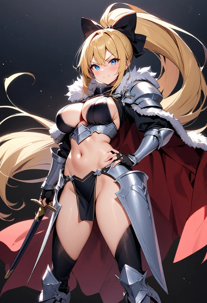 masterpiece, best quality, 1girl, breasts, solo, blonde-hair, blue-eyes, pelvic-curtain, navel, armor, large-breasts, ponytail, cape, cleavage, gloves, weapon, looking-at-viewer, smile, boots, fingerless-gloves, full-body, very-long-hair, standing, revealing-clothes, bikini-armor, black-gloves, fur-trim, simple-background, thighhighs, stomach, hand-on-hip, gauntlets, shoulder-armor, hair-bow, closed-mouth, bow, high-heels, midriff, armored-boots, hand-up, thigh-boots, thighs, ribbon, hair-between-eyes, v-shaped-eyebrows, blush, hair-ribbon, sheath
