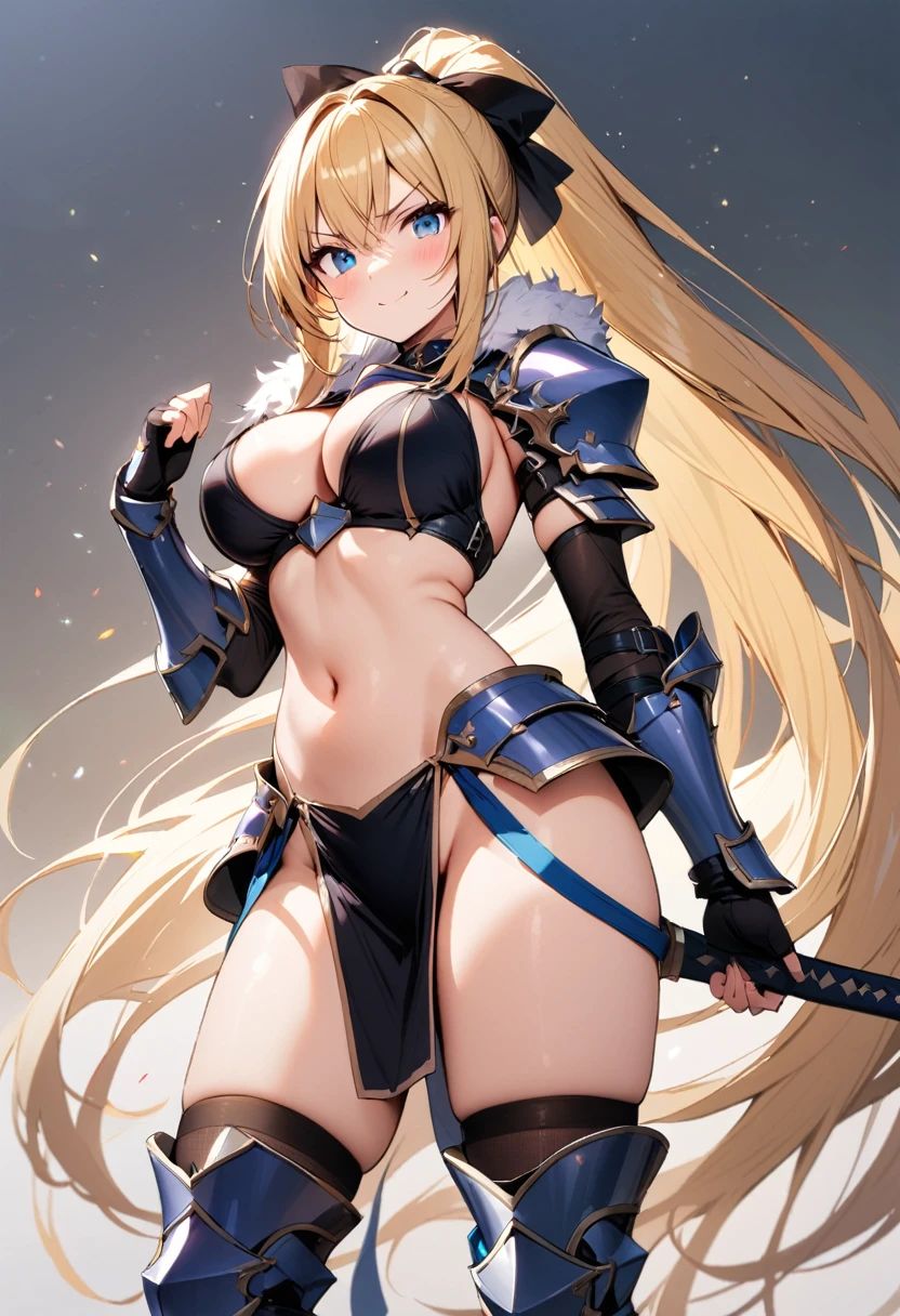 masterpiece, best quality, 1girl, breasts, solo, blonde-hair, blue-eyes, pelvic-curtain, navel, armor, large-breasts, ponytail, cape, cleavage, gloves, weapon, looking-at-viewer, smile, boots, fingerless-gloves, full-body, very-long-hair, standing, revealing-clothes, bikini-armor, black-gloves, fur-trim, simple-background, thighhighs, stomach, hand-on-hip, gauntlets, shoulder-armor, hair-bow, closed-mouth, bow, high-heels, midriff, armored-boots, hand-up, thigh-boots, thighs, ribbon, hair-between-eyes, v-shaped-eyebrows, blush, hair-ribbon, sheath