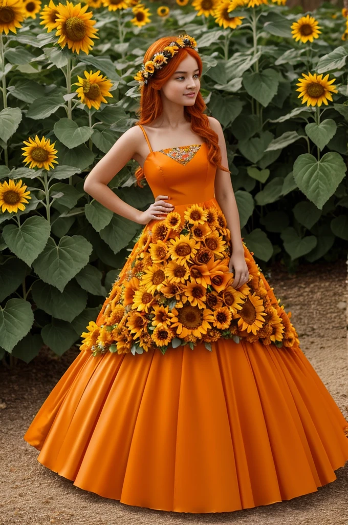 A girl with orange hair who wears a dress that has a sunflower design that is voluminous and highly decorated with leaves with flowers and as if she were that flower, Make the dress more exaggerated so that it looks like a princess dress full of flower decoration. 