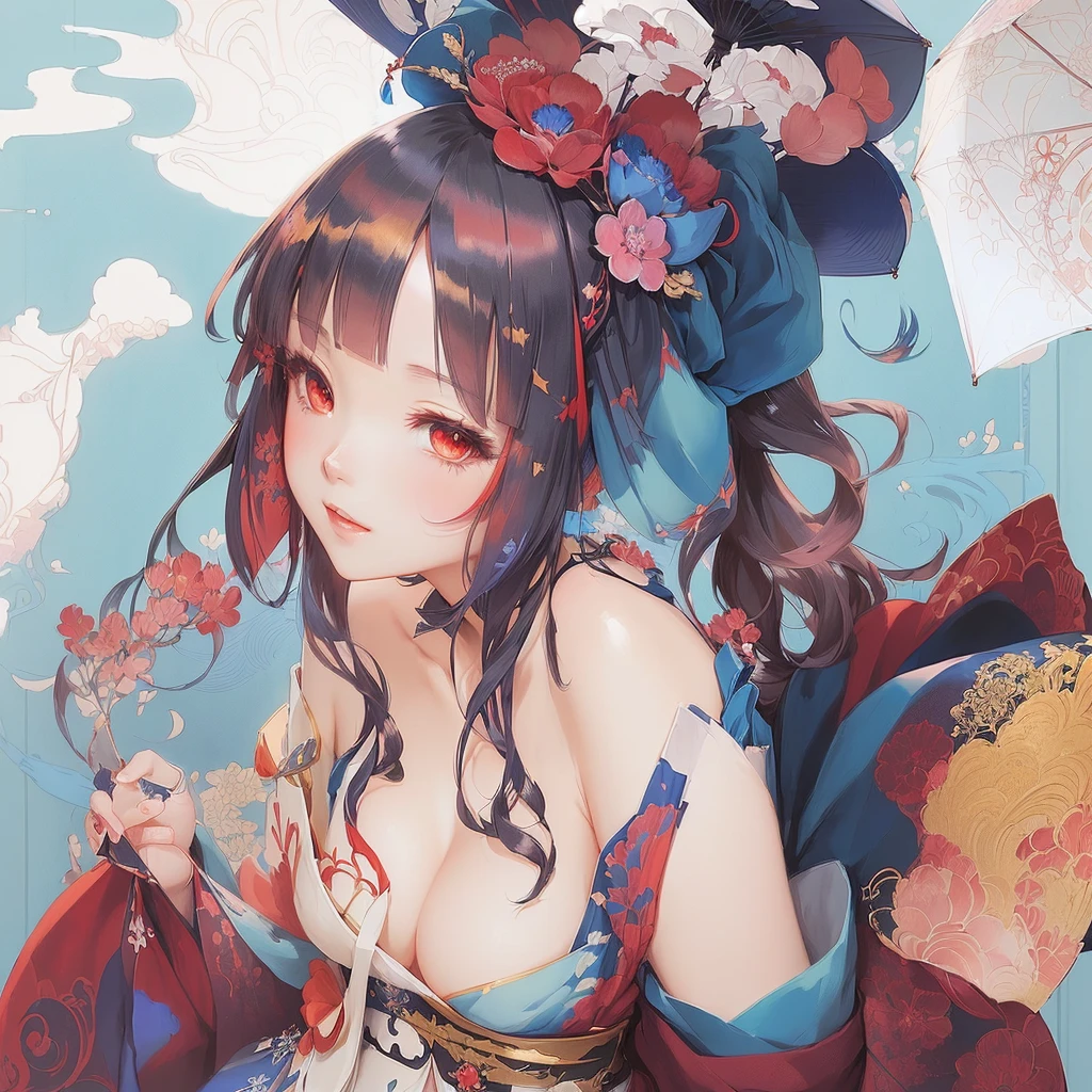 Anime girl in a blue dress, red hat and blue umbrella, The Detailed Art of the Onmyoji, Beautiful artwork illustration, Beautiful anime artwork, onmyoji, by Shimo, onmyoji portrait, Beautiful anime art, Pixiv, digital art on Pixiv, Pixiv contest winner, Anime fantasy illustration, Anime illustration, Zerochan Art