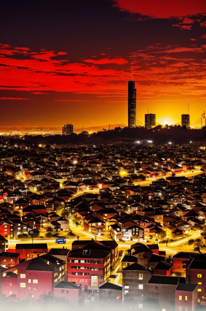 Image of a city mixed with a rural area with red colors, fluorescent yellow and white. Mixed with an abstract style.