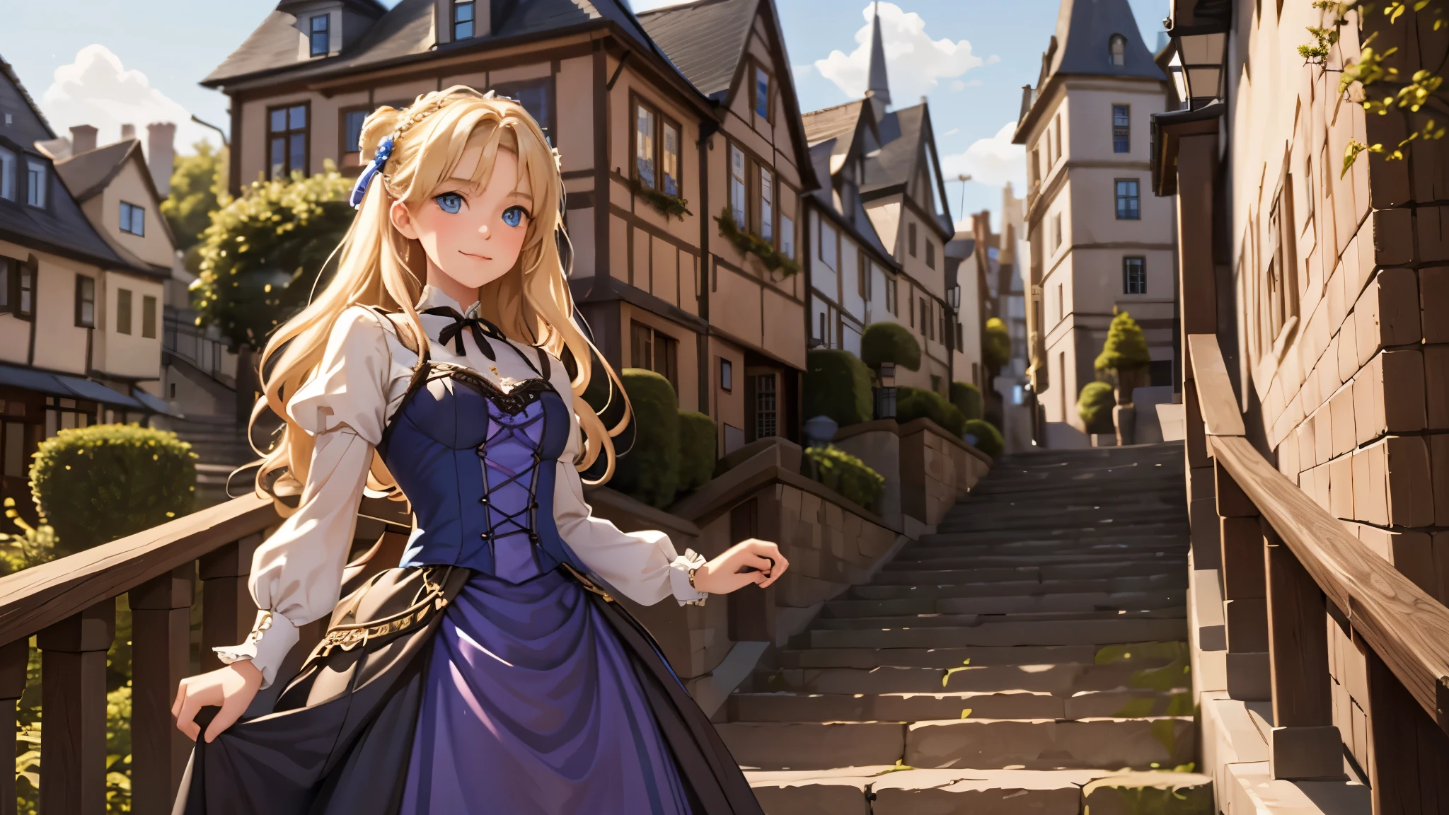 village realistic、Virginia Otis, , blonde hair, Blue eyes.、Victorian city, Europe. an aristocrat、looking up from below、 wear a dress made of transparent fabric with long sleeves、Various dynamic sexual positions、Face smile、cute face, Depicts the whole body、