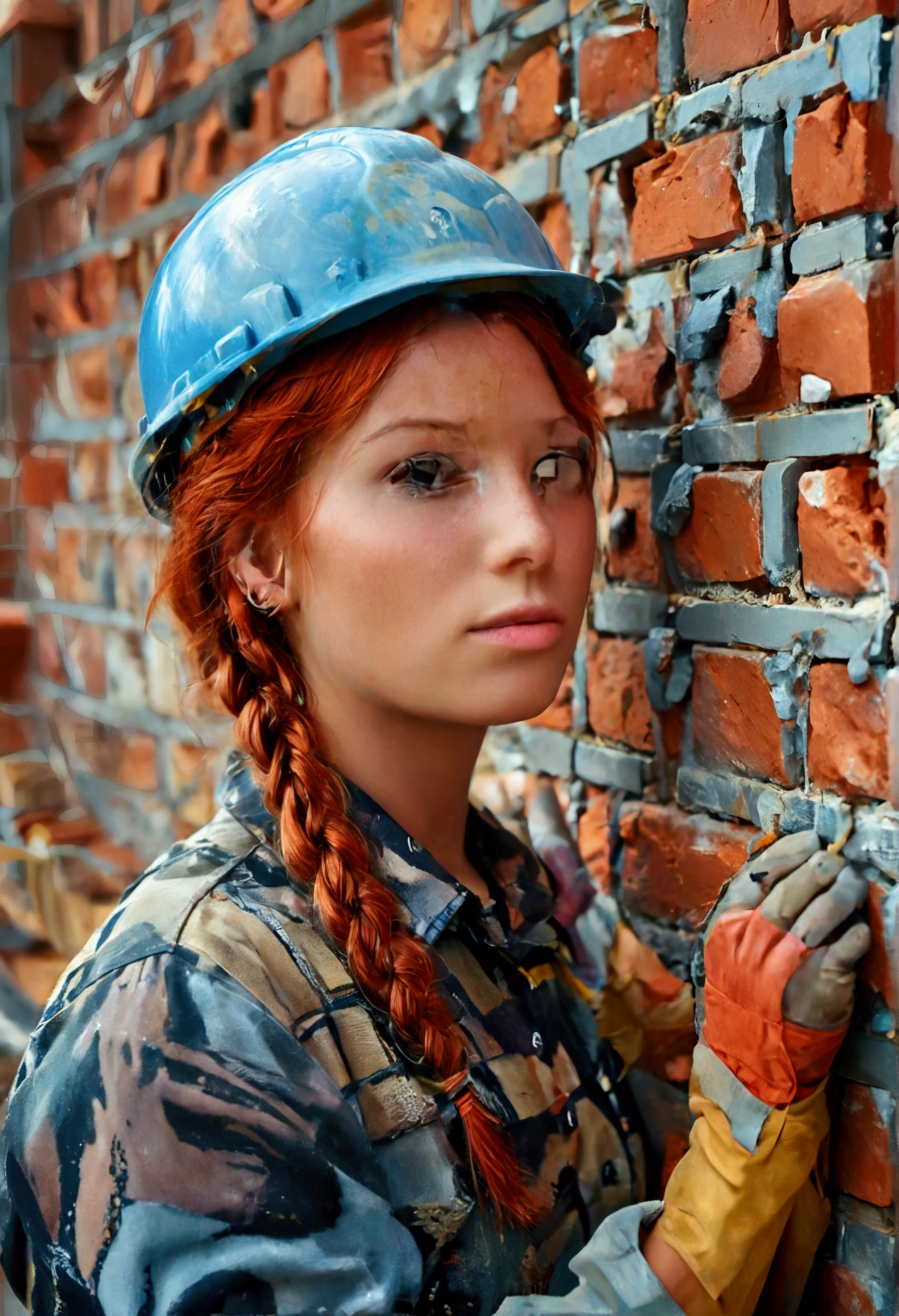 21 year old redhead woman braids her hair create workers are building a brick wall in a construction site, bright construction materials, workers, brick, construction, bricks, journalism photo, red bricks, building blocks, working hard, craftsmanship, illustration, built on a small, by Rodolfo Morales, walls are made of dry wall, by Rodolfo Amoedo, construction site, instagram post, instagram photo
