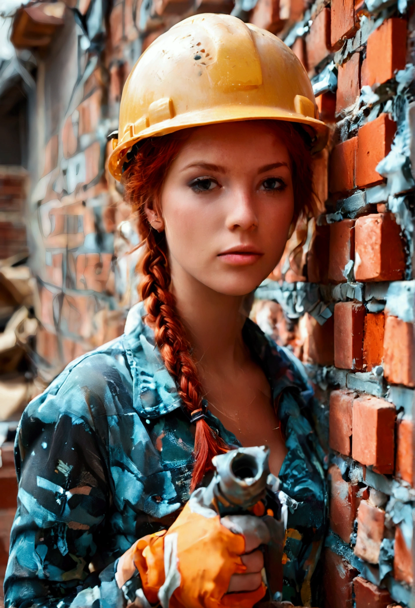 21 year old redhead woman braids her hair create workers are building a brick wall in a construction site, bright construction materials, workers, brick, construction, bricks, journalism photo, red bricks, building blocks, working hard, craftsmanship, illustration, built on a small, by Rodolfo Morales, walls are made of dry wall, by Rodolfo Amoedo, construction site, instagram post, instagram photo
