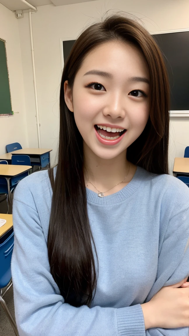 (Highest quality, masterpiece, Photo Real, Super detailed, Ultra-high resolution, born:1.3), Detailed face,(カメラを見て大笑いする女子高born), beautiful, Japanese, 16 years old,(学born服:1.2), (Looking at the camera and laughing with his mouth wide open), classroom,(Long legs,Black pumps, whole body:1.2)