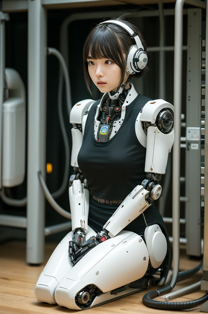 masterpiece, best quality, extremely detailed, Japaese Cyborg Girl,Plump , White boots,control panels,android,Droid,Mechanical Hand, ,clothes with a sense of mechanical technology, Robot arms and legs, Black Robot Parts,Black hair,Mechanical body,dress shirt,long vest,Blunt bangs,White abdomen,White robotics parts,perfect robot woman,future laboratory,cyber pank,charging spot,laboratory,long tube,thick cable connected her neck,kneel on the floor,bowing,ceramic body ,mechanical body,blue eyes,android,robot humanoid