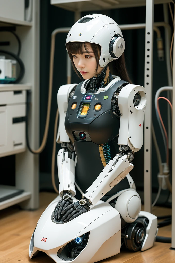 masterpiece, best quality, extremely detailed, Japaese Cyborg Girl,Plump , White boots,control panels,android,Droid,Mechanical Hand, ,clothes with a sense of mechanical technology, Robot arms and legs, Black Robot Parts,Black hair,Mechanical body,dress shirt,long vest,Blunt bangs,White abdomen,White robotics parts,perfect robot woman,future laboratory,cyber pank,charging spot,laboratory,long tube,thick cable connected her neck,kneel on the floor,bowing,ceramic body ,mechanical body,blue eyes,android,robot humanoid