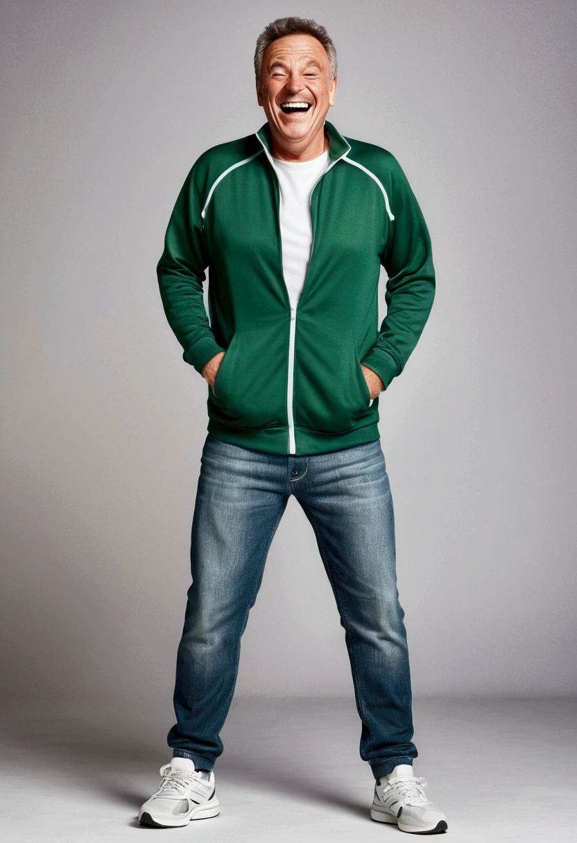 comic, western facial features, middle-aged man, happy, grey, big smile, white teeth, big laugh. One character only, isolated. body and legs, jeans and green tracksuit