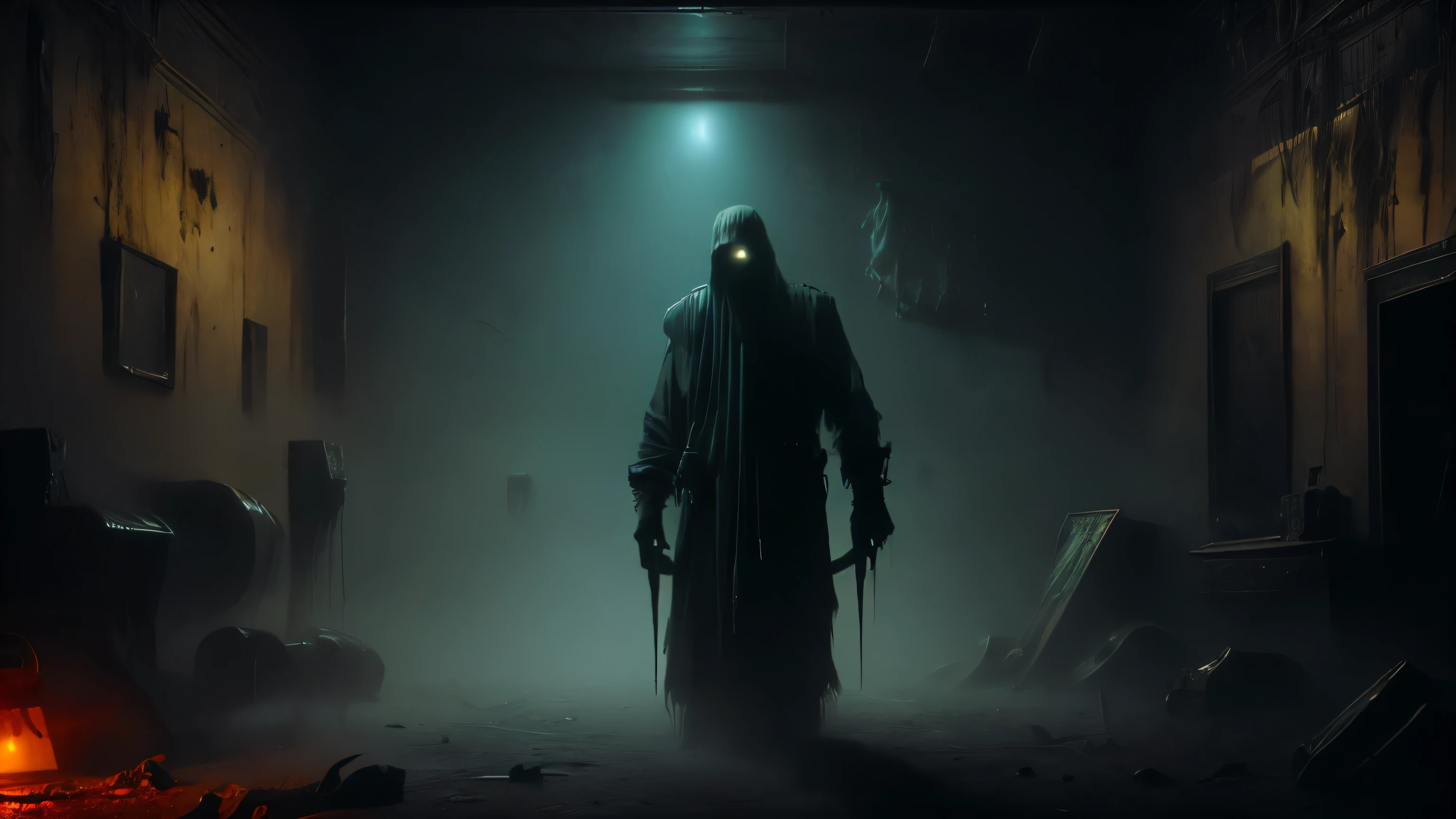 dark, deserted room, at night, a male shadowy figure with glowing eyes in a threatening aura, 8k uhd, masterpeace, foggy, very detailed, realistic, sexy, Handsome boy,more detail XL,abmhandsomeguy