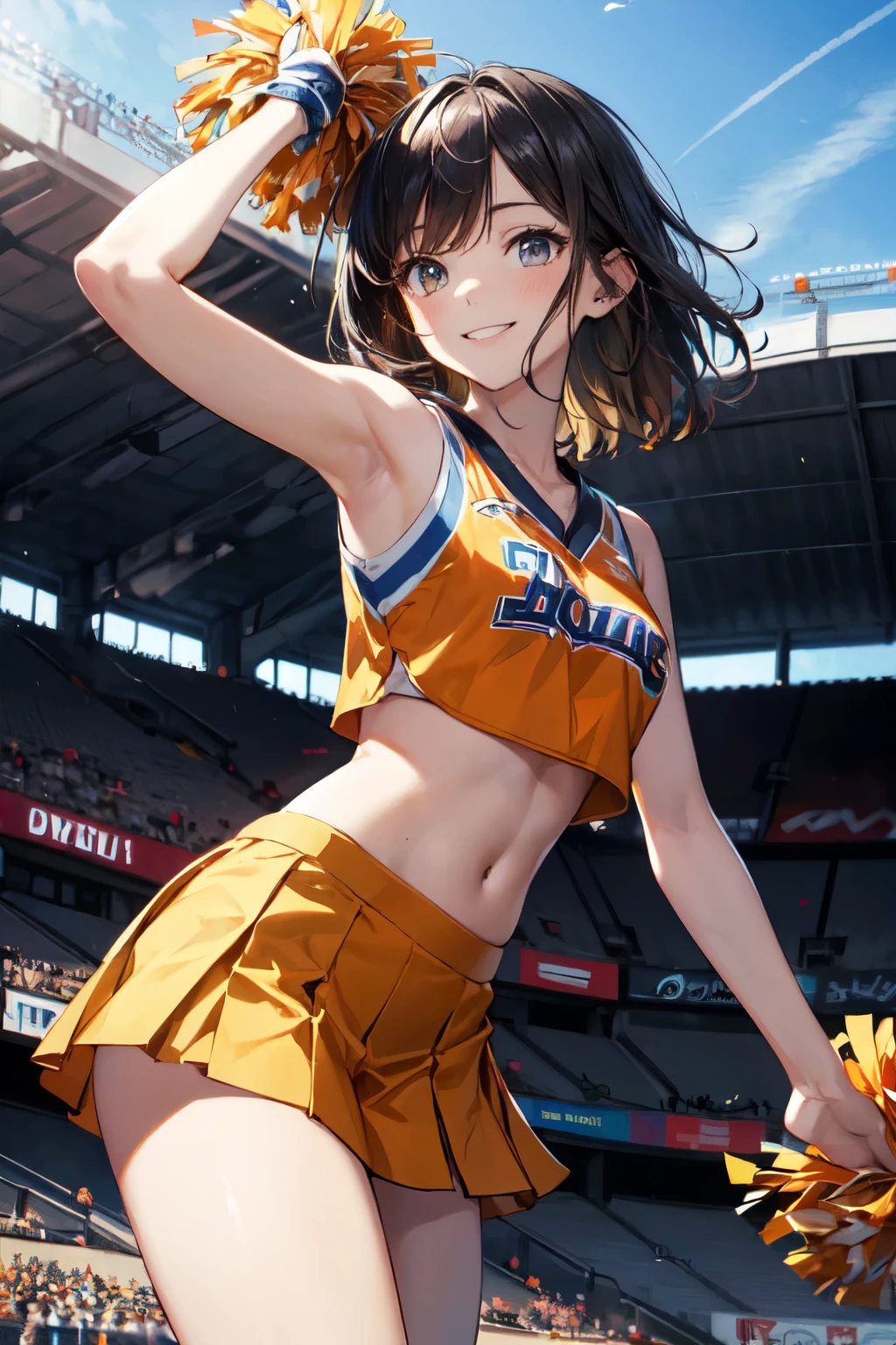 very cute and beautiful cheerleader girl,(highly detailed beautiful face and eyes),(holding pom poms:1.1),(smile:1.3),happy,
(stadium stands),cowboy shot,dynamic pose,(sleeveless orange cheerleader shirt),beautiful legs,
looking at viewer,black hair,hair band,
(best quality,masterpiece),absurdres,highres,ultra-detailed,extremely detailed,32k,8k resolution,
intricate details,cinematic scene,detailed background,solo,dynamic angle, hair fluttering in the wind,beautiful detailed sky,(realistic),