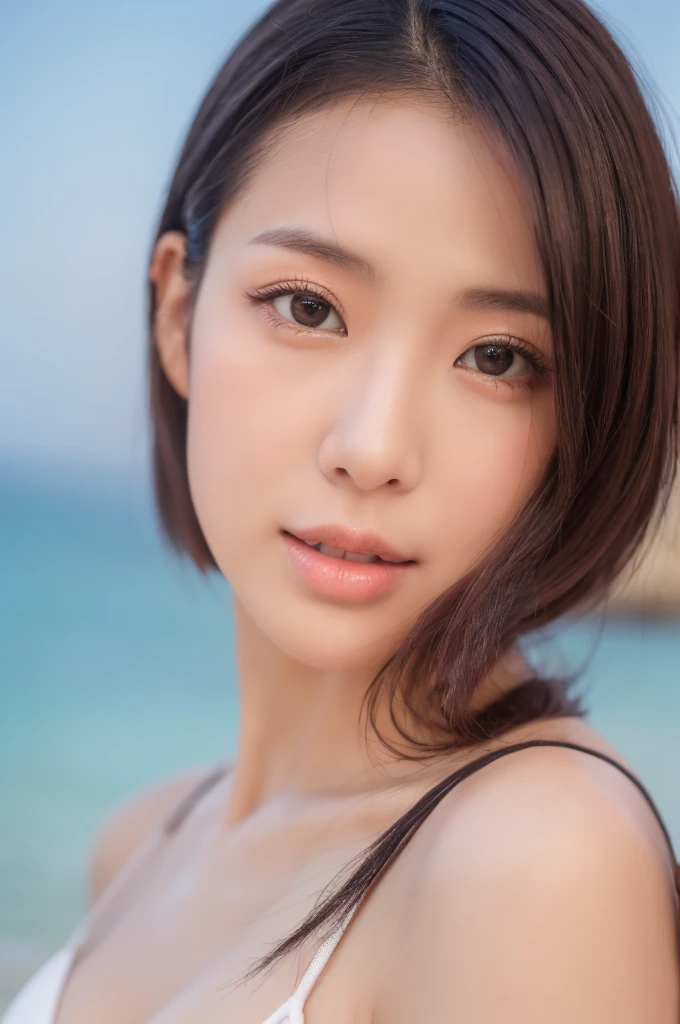 ((Highest quality)),((8K、32k)),(Genuine)、(detailed)、(Beach)、((Bust up shot))、((face closeup))、(White skin)、(Big Breasts)、Golden ratio of face to shoulder width、Micro Bikini、Shiny Hair、Short Hair、Glowing Skin、Japanese、beauty、Looking into the camera、Thick lips、cute、Hehehe:1.2、Shot with a film camera、RAW shooting、#24、Genuine、Photo Genuine:1.4、Photon Mapping、Physically Based Rendering、Perfect Anatomy、Detailed decollete、Detailed Eyes、Detailed double、Detailed masseter muscle、Detailed clavicle、Perfect Fingers、Finger Description、(Quality 8K)、((White skin))、Avoid mascara、Hair with movement、Detailed pores、Natural light、Detailed description、Blushing、Fine pores、Perfect cleavage、masterpiece、Blushing、Hair with movement、Detailed abdominal muscles、Sparkling、sexly、Detailed armpit、(slender)、(Upper Body)、Detailed Eyes元、