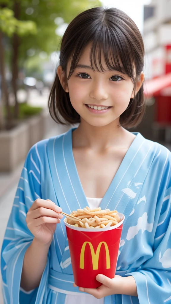 11 year old girl　Japanese　Light blue yukata　Realistic Skin　eating McDonald's Big Mac