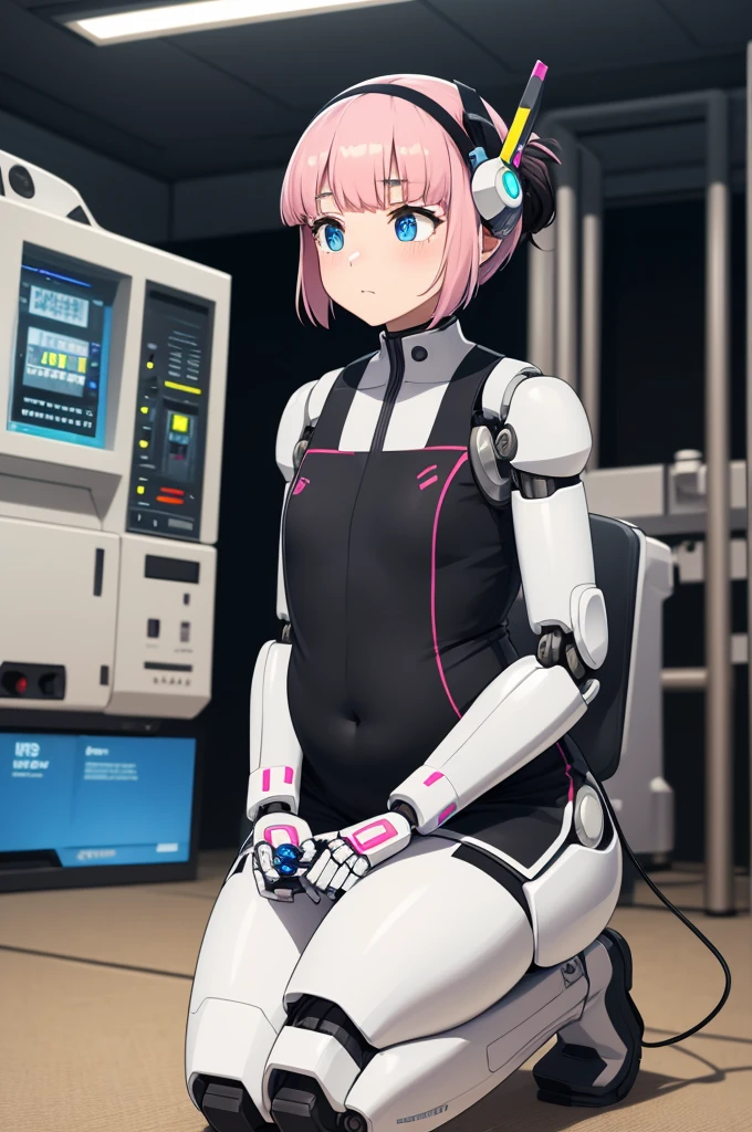 masterpiece, best quality, extremely detailed, Japaese Cyborg Girl,Plump , White boots,control panels,android,Droid,Mechanical Hand, ,clothes with a sense of mechanical technology, Robot arms and legs, Black Robot Parts,Black hair,Mechanical body,dress shirt,long vest,Blunt bangs,White abdomen,White robotics parts,perfect robot woman,future laboratory,cyber pank,charging spot,laboratory,long tube,thick cable connected her neck,kneel on the floor,bowing,ceramic body ,mechanical body,blue eyes,android,robot humanoid