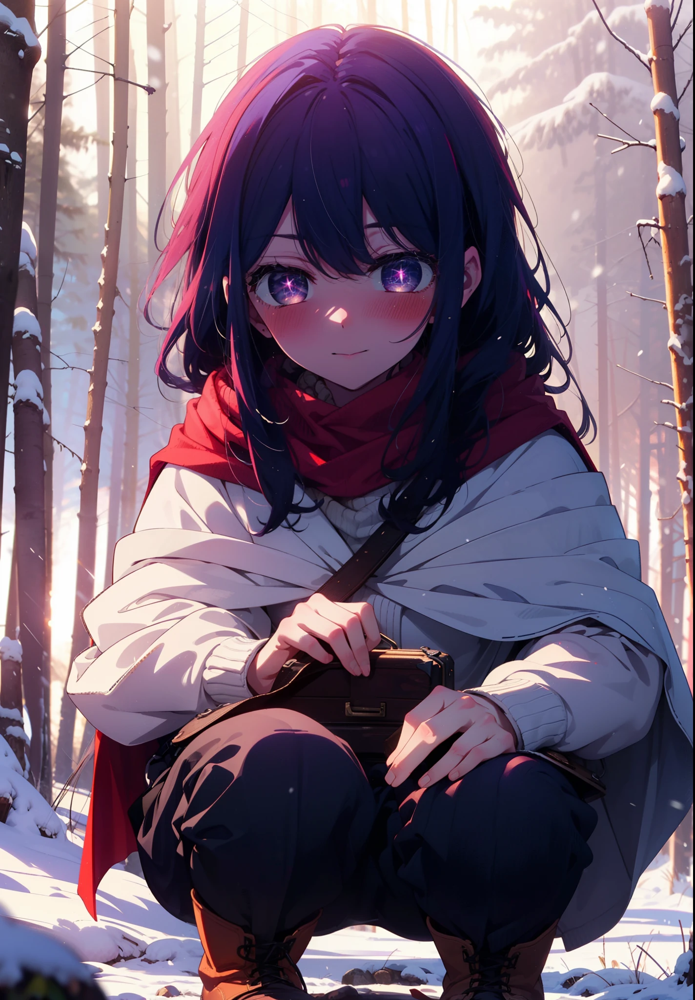 aihoshino, Ai Hoshino, Long Hair, bangs, (Purple eyes:1.1), Purple Hair, (Symbol-shaped pupil:1.5), smile,,smile,blush,White Breath,
Open your mouth,snow,Ground bonfire, Outdoor, boots, snowing, From the side, wood, suitcase, Cape, Blurred, , forest, White handbag, nature, Squat, Mouth closed, Cape, winter, Written boundary depth, Black shoes, red Cape break looking at viewer, Upper Body, whole body, break Outdoor, forest, nature, break (masterpiece:1.2), Highest quality, High resolution, unity 8k wallpaper, (shape:0.8), (Beautiful and beautiful eyes:1.6), Highly detailed face, Perfect lighting, Highly detailed CG, (Perfect hands, Perfect Anatomy),