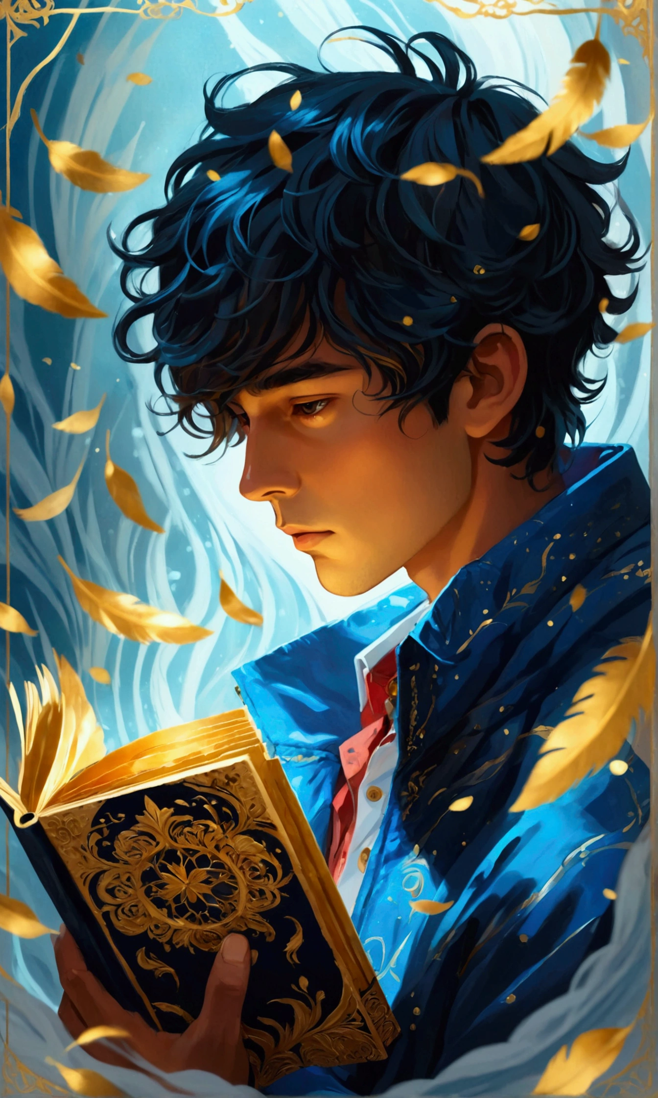 POV of a man with blue jacket, holding a pop up book with gold pages, paper Cutting art of a family surrounded by golden feathers, the book glow with golden and blue light waves. The background and a burst of wind waves the mist of a dark room. Thick wavy Brush strokes, Digital illustration, brush strokes, watercolor, golden light, dreamy atmosphere, rainbow waves, close up, (best quality, masterpiece) intricate gold patterns in the book,