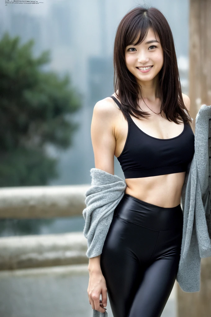 (((One girl,alone))),(Highly realistic photos, High resolution, Detailed face, Beautiful Eyes) Japanese women, 21 years old, Cute face, alone:1, Nice body, Medium chest, ,Hairstyle, Take a photo book,Blade Runner,Leggings、Healthy Body,smile,Thighine Fujiko