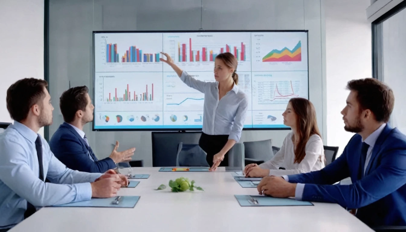(Very Realistic):1.5, Company employees in a meeting room discussing, perfect anatomy, hidden hands, Graphs on a screen, 8k, HD