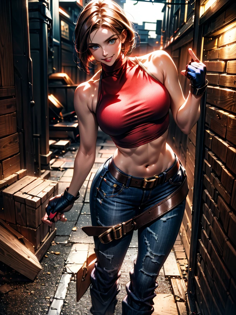 30 year old woman, alone, athletic, by the semi-cut ruby, she is wearing a tight red crop top, he wears blue jogger pants, has two belts, one small and the other a large belt hanging from his brown waist., wears blue fingerless gloves , he wears brown boots, smile at the viewer, points at the viewer, There is a little brown dog with white spots with her, high resolution, absurd, intricate, sharp focus, a New York alley in the background, Best Quality, Masterpiece, high resolution, Perfect picture, Very detailed, High contrast, Digital colors, simple, medium shot, cinematographic, ultra sharp focus, award-winning photography, perFect contrast, high sharpness, depth of field, ultra detailed photography, global illumination, fluid, ultra high definition, 8k, unreal engine 5, ultra-sharp focus, award-winning photography, Art Season Trends,
