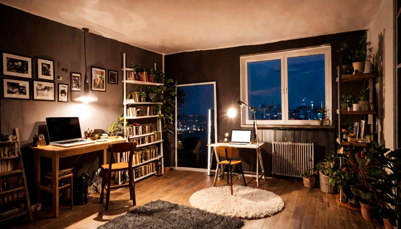 small studio, cozy, tense atmosphere, no people in the place, night