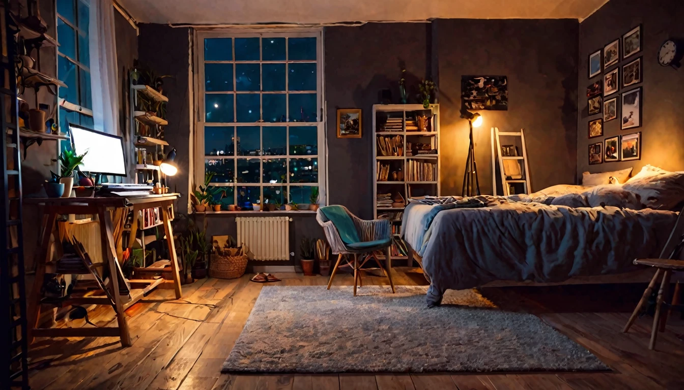 small studio, cozy, tense atmosphere, no people in the place, night