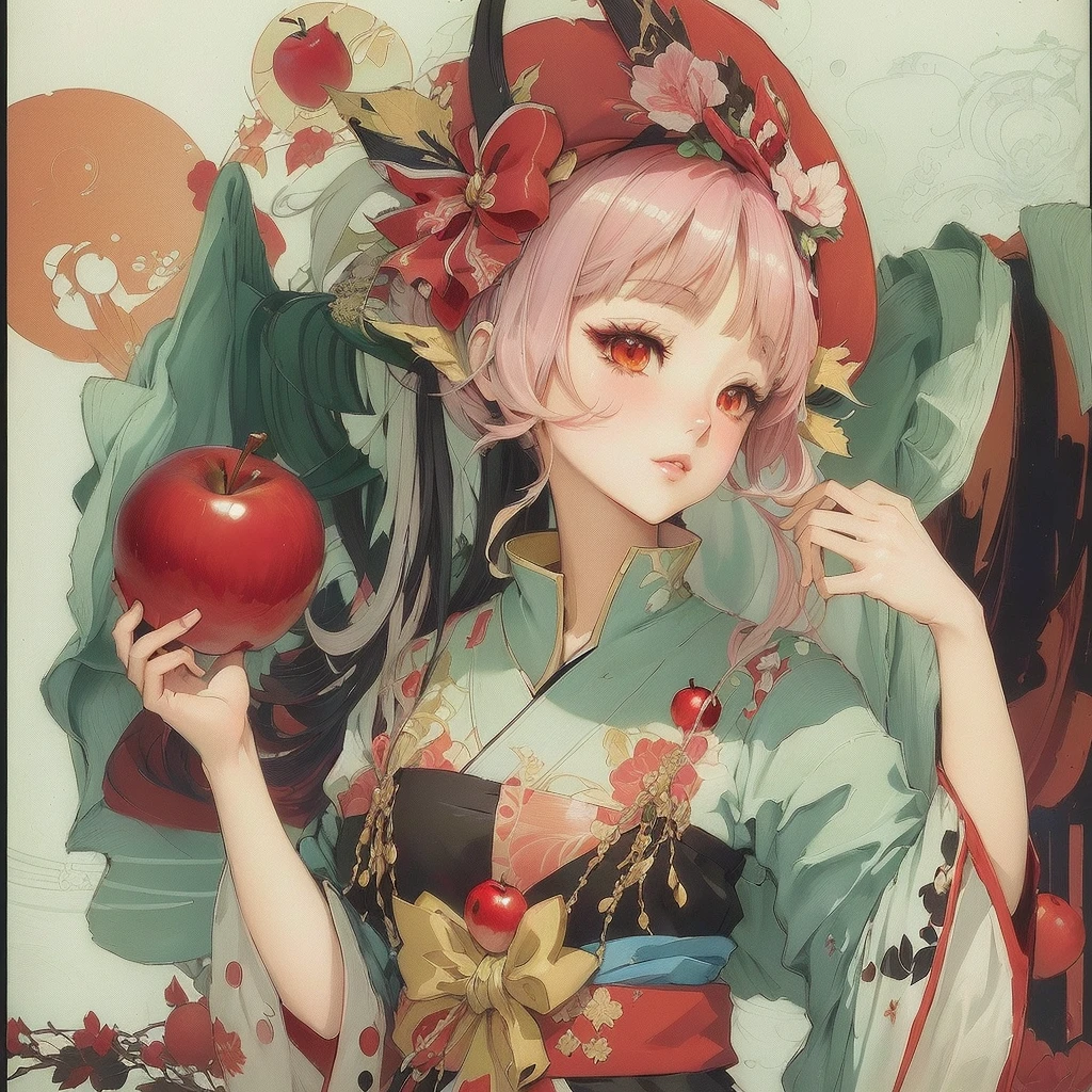 Wearing a red hat、Anime girl holding a red apple, artwork in the style of Gwaiz, Gwaiz, Anime illustration, Anime-style illustrations, anime-style artwork, soft Anime illustration, beautiful Anime works, Anime fantasy illustration, Korean Art Nouveau Animation, detailed Anime works, anime-style art, digital Anime illustration, Anime works, Beautiful artwork illustration