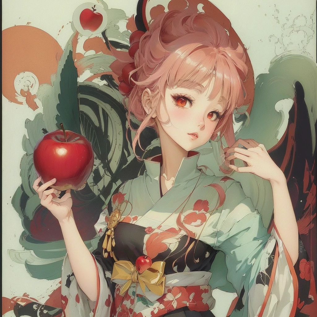 Wearing a red hat、Anime girl holding a red apple, artwork in the style of Gwaiz, Gwaiz, Anime illustration, Anime-style illustrations, anime-style artwork, soft Anime illustration, beautiful Anime works, Anime fantasy illustration, Korean Art Nouveau Animation, detailed Anime works, anime-style art, digital Anime illustration, Anime works, Beautiful artwork illustration