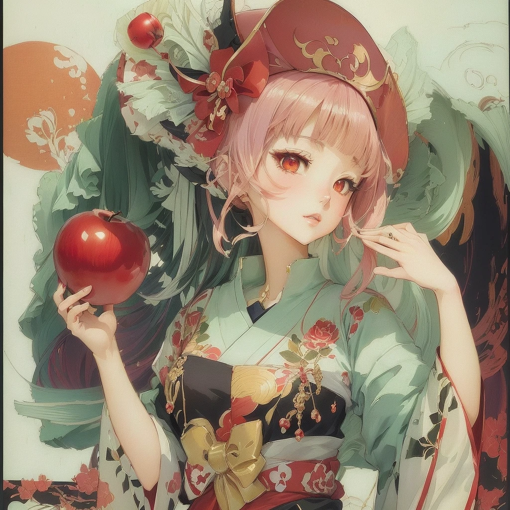 Wearing a red hat、Anime girl holding a red apple, artwork in the style of Gwaiz, Gwaiz, Anime illustration, Anime-style illustrations, anime-style artwork, soft Anime illustration, beautiful Anime works, Anime fantasy illustration, Korean Art Nouveau Animation, detailed Anime works, anime-style art, digital Anime illustration, Anime works, Beautiful artwork illustration