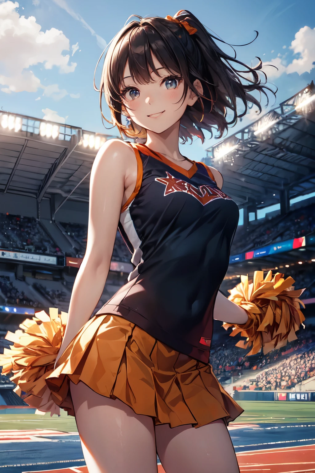 very cute and beautiful cheerleader girl,(highly detailed beautiful face and eyes),(holding pom poms:1.1),(smile:1.3),happy,
(stadium stands),cowboy shot,dynamic pose,(sleeveless orange cheerleader shirt),beautiful legs,
looking at viewer,black hair,hair band,
(best quality,masterpiece),absurdres,highres,ultra-detailed,extremely detailed,32k,8k resolution,
intricate details,cinematic scene,detailed background,solo,dynamic angle, hair fluttering in the wind,beautiful detailed sky,(realistic),